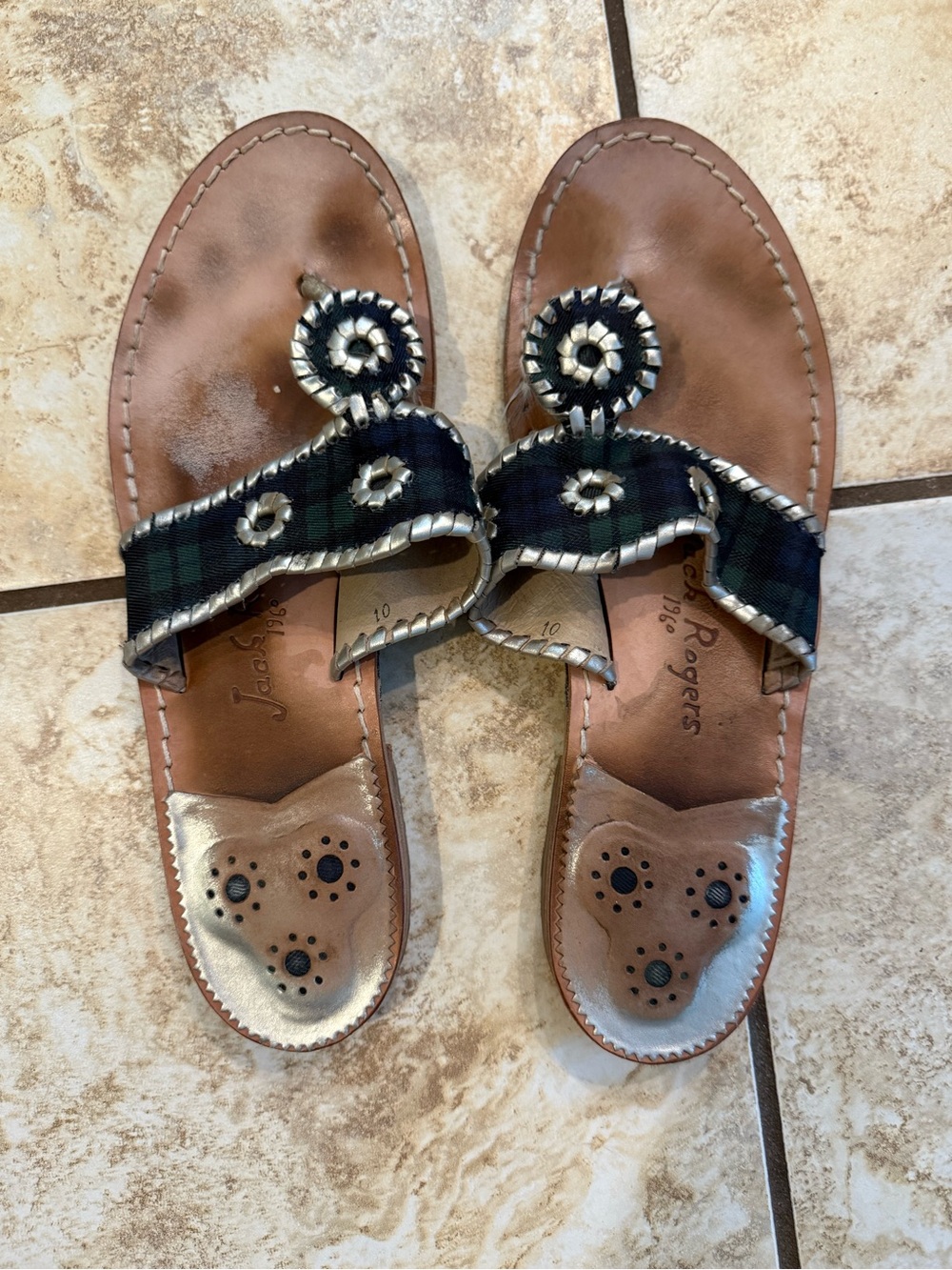 Jack Rogers Brown Leather Tartan Plaid Spiral-Embellished Sandals